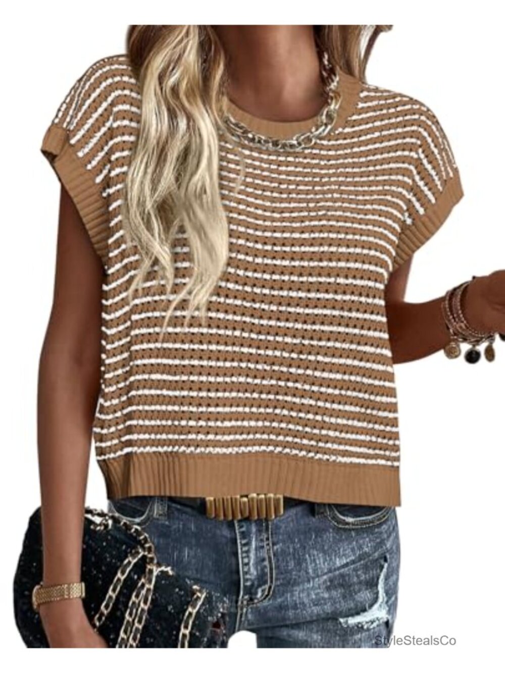Striped Cotton Knit Sweater Vest Cap Sleeve Pullover Layer